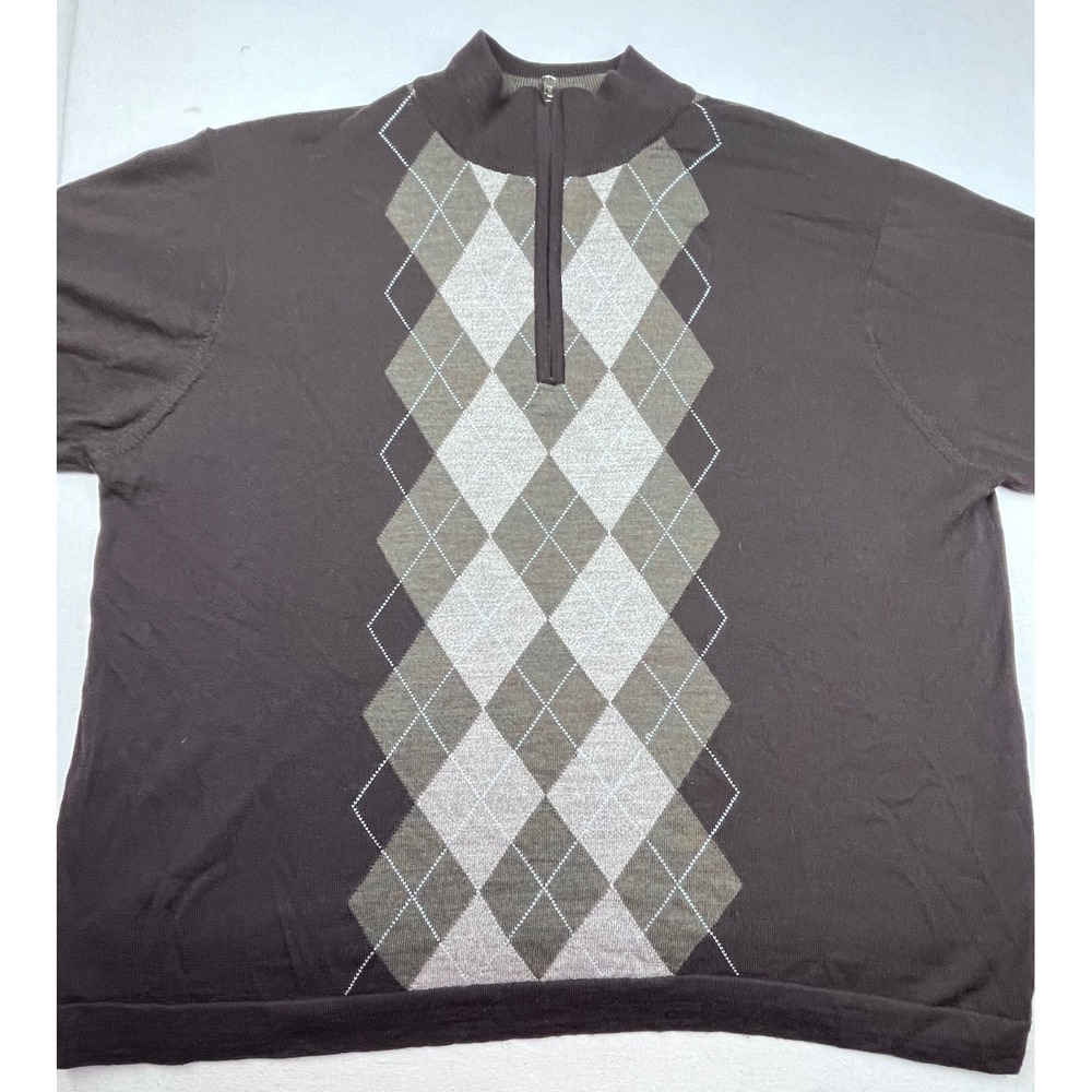 Marco Fiori Italy Mens XXL Merino Wool Argyle Quarter Zip Sweater Brown Grey